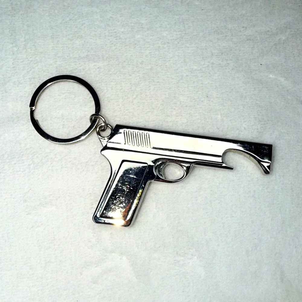 Silver Metal Gun/Pistol Keychain Keyring w/ Detachable Keyring & Bottle Opener